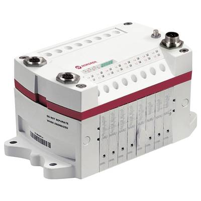 Industrial device with multiple connectors and LED indicators on top, label reading 'Do not separate when energized'.