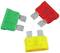 Three coloured flat fuses, green, red and yellow, arranged in a triangle. They are small, rectangular electrical components.