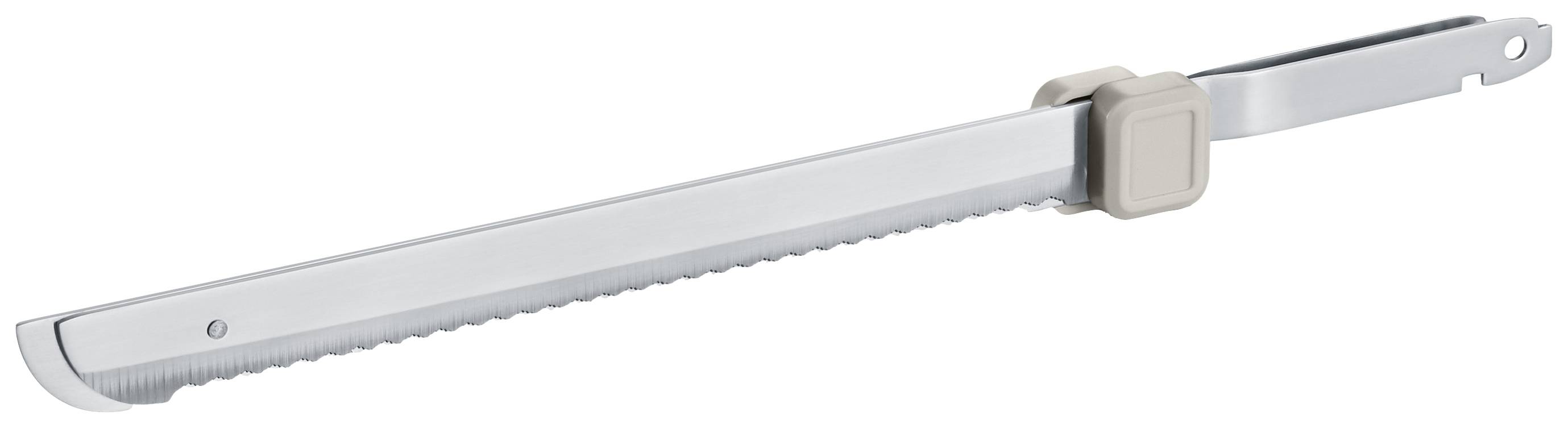 Broad, silver saw blade with serrated edge, suitable for an electric push saw. Beige mounting bracket attached at the top.