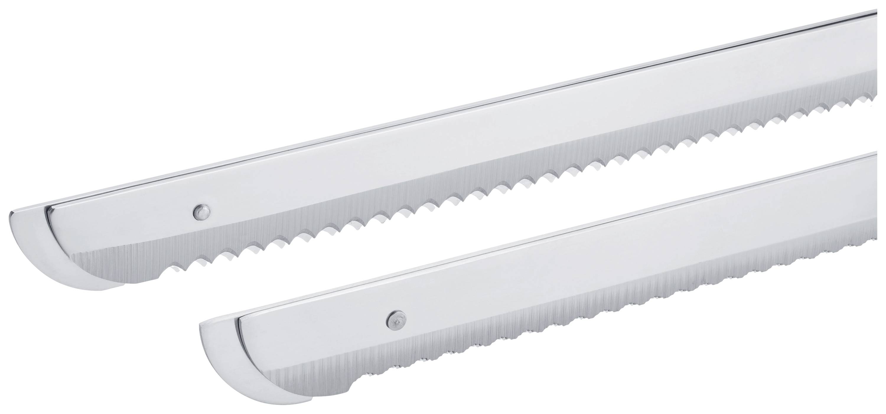 Two serrated stainless steel bread knife blades, parallel to each other.