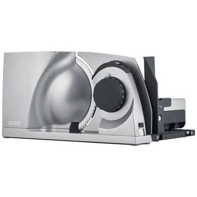 A silver electric food slicer with an adjustable black rotary knob and serrated blade, suitable for cutting food.
