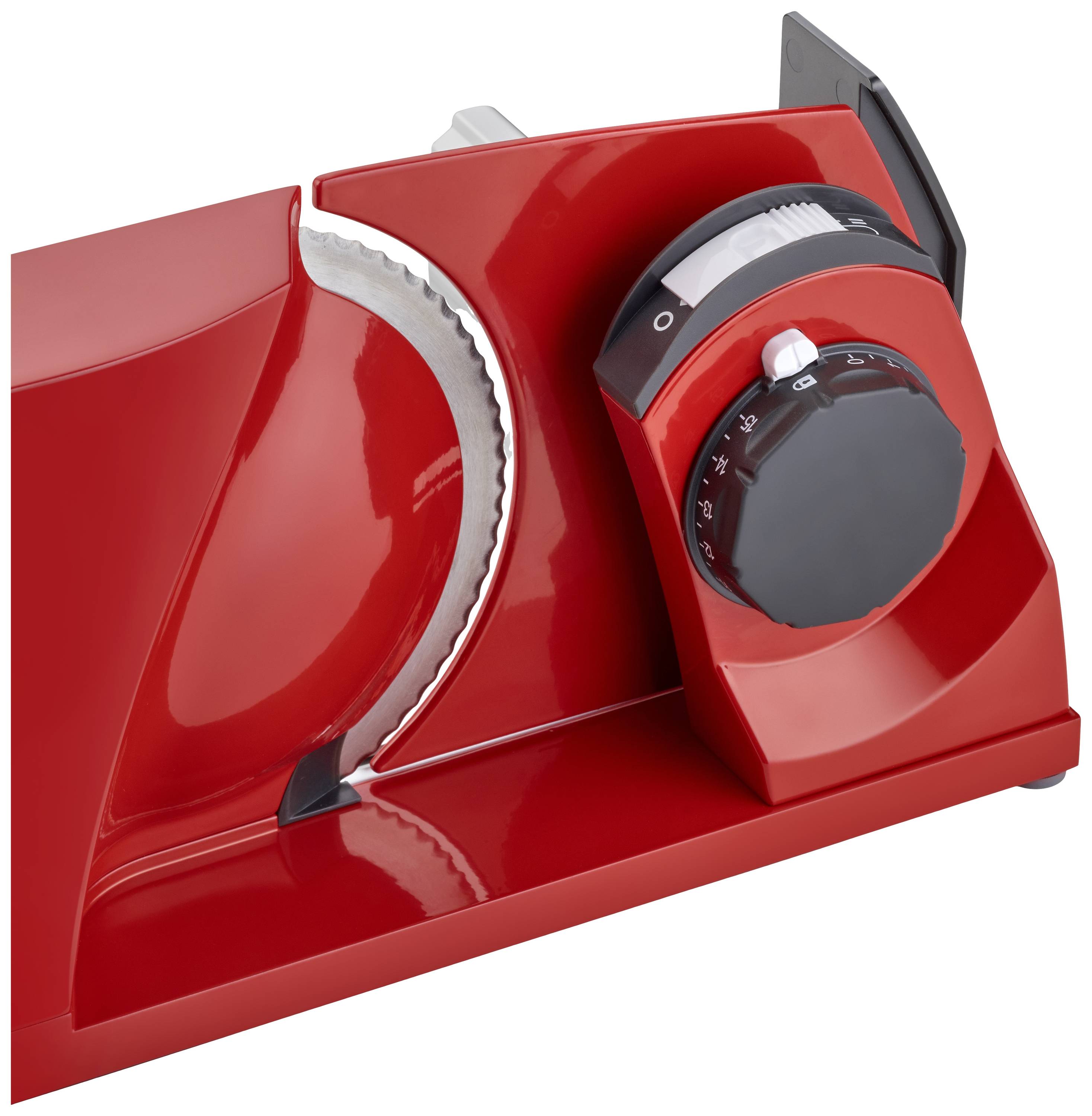 Red electric bread slicing machine in close-up with adjustable rotary dial and serrated cutting blade on another view.