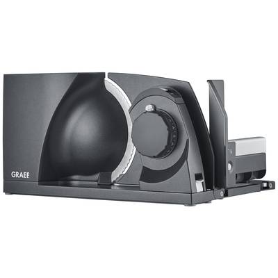 Electric all-purpose slicer machine by Graef in black, with large cutting blade and adjustable rotary dial. Suitable for kitchen use.