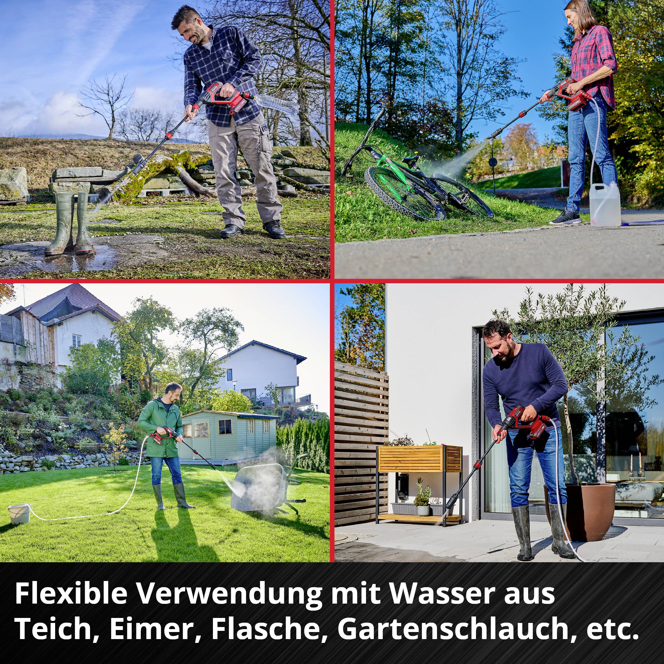Four images show people working in the garden with water: pond cleaning, plant watering, and path cleaning. Text: 'Flexible use with water from pond, bucket, bottle, garden hose, etc.'