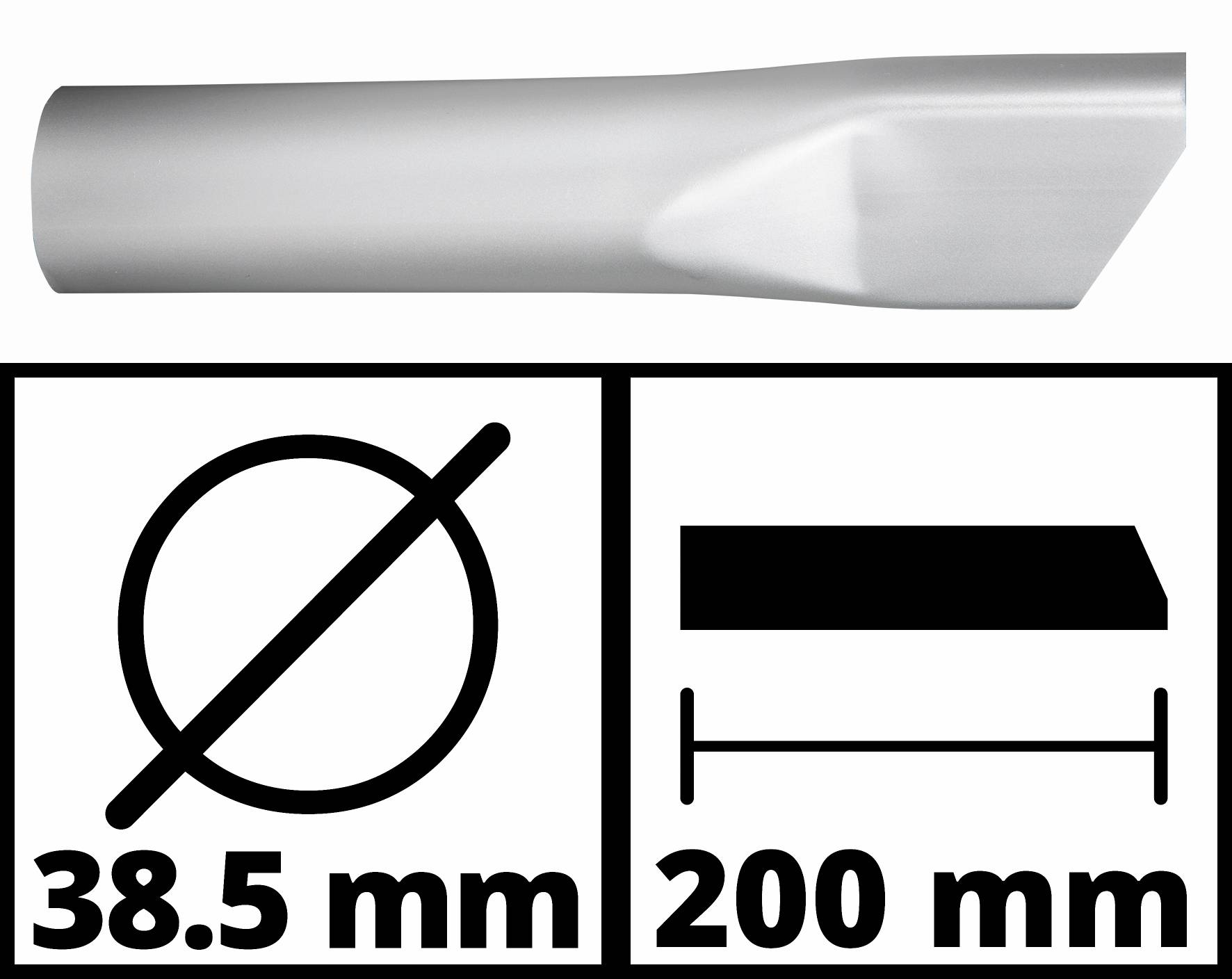 Silver tube with 38.5 mm diameter and 200 mm length, pictured alongside symbolic measurements and a cross-sectional profile.