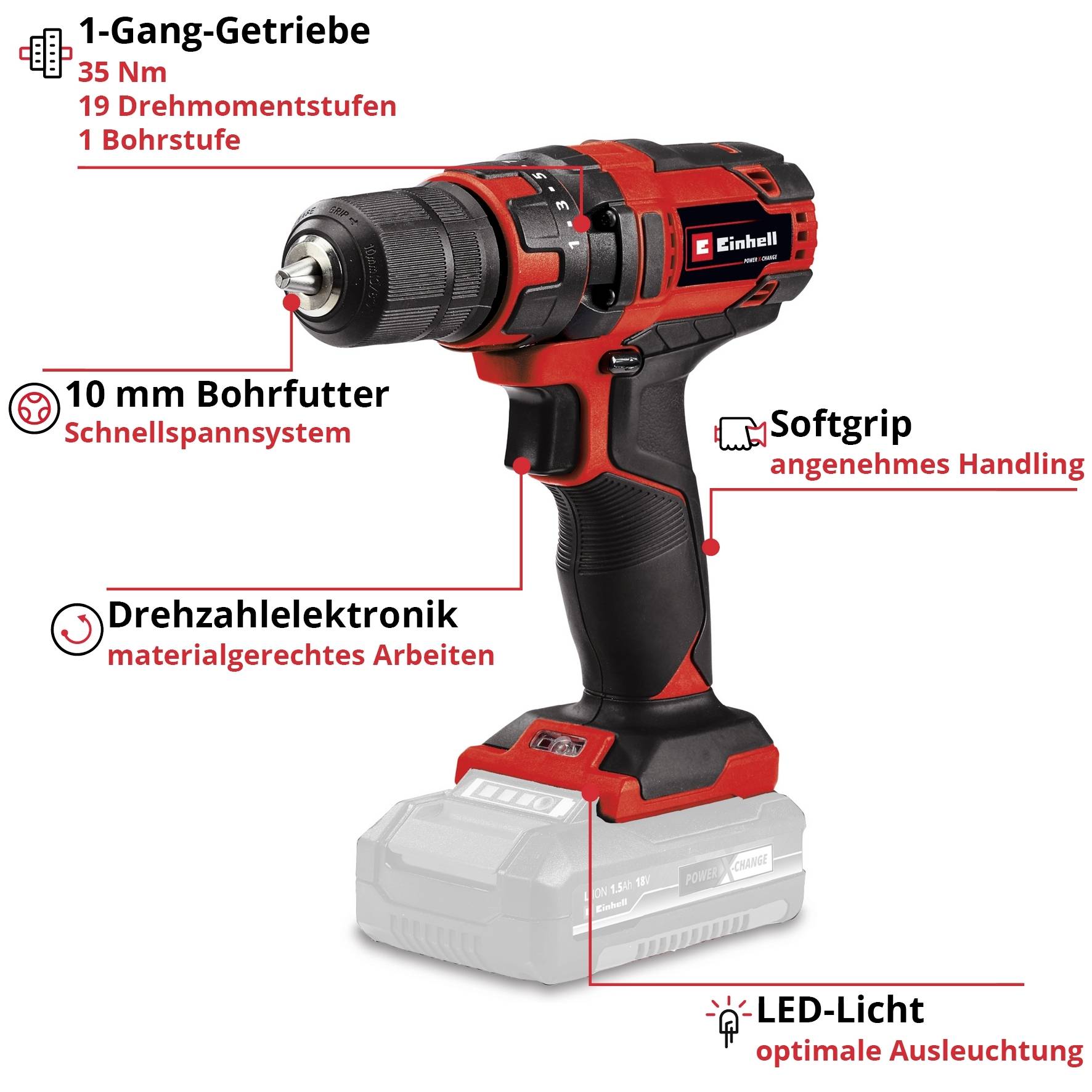 A red drill with a single-speed gearbox, 10 mm chuck, soft-grip handle, variable speed control, and LED light for optimal use.