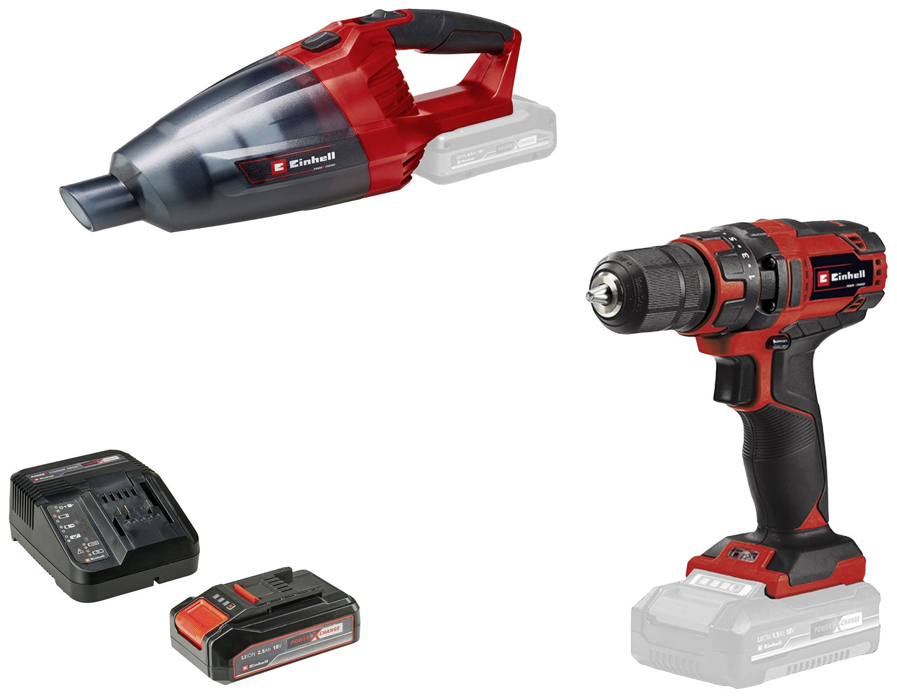 'Cordless drill, vacuum cleaner, charger and battery from Einhell. Tool set in red and black, combined battery for versatile use.'