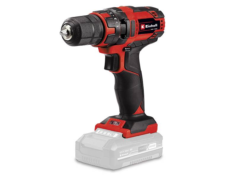 Cordless drill in red and black with lithium-ion battery, suitable for DIY projects; shown with stable base.