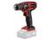 Cordless drill in red and black with lithium-ion battery, suitable for DIY projects; shown with stable base.