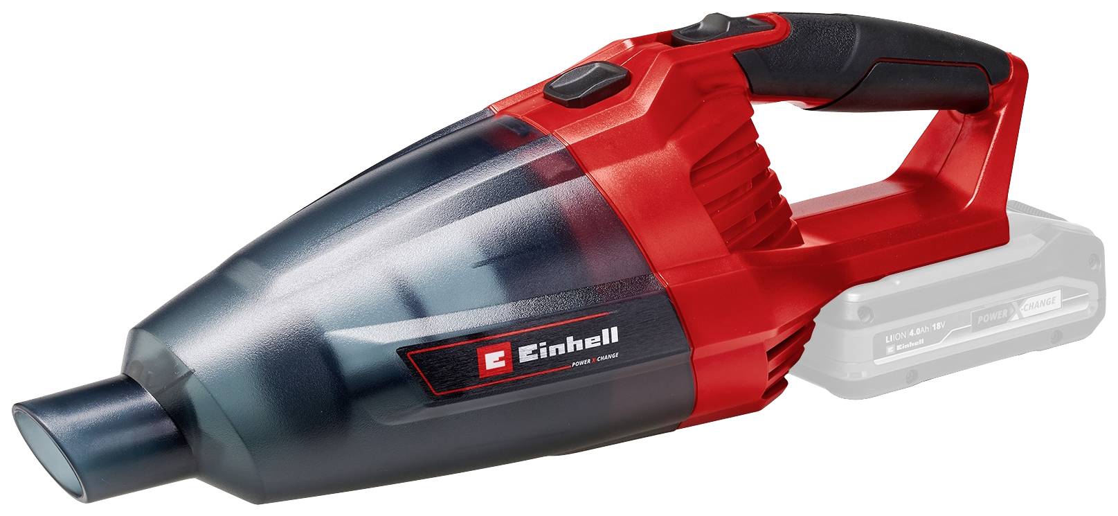 Cordless handheld vacuum cleaner, red and black, by Einhell. Suitable for versatile cleaning tasks, compact and easy to manoeuvre.