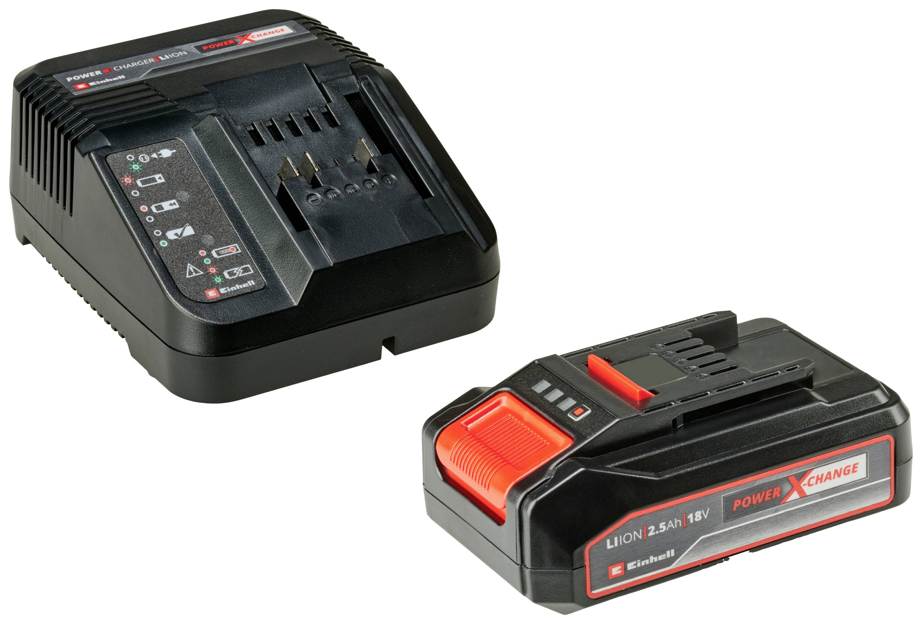 An battery charger and a rechargeable Li-Ion battery by 'Einhell', part of the 'Power X-Change' system.