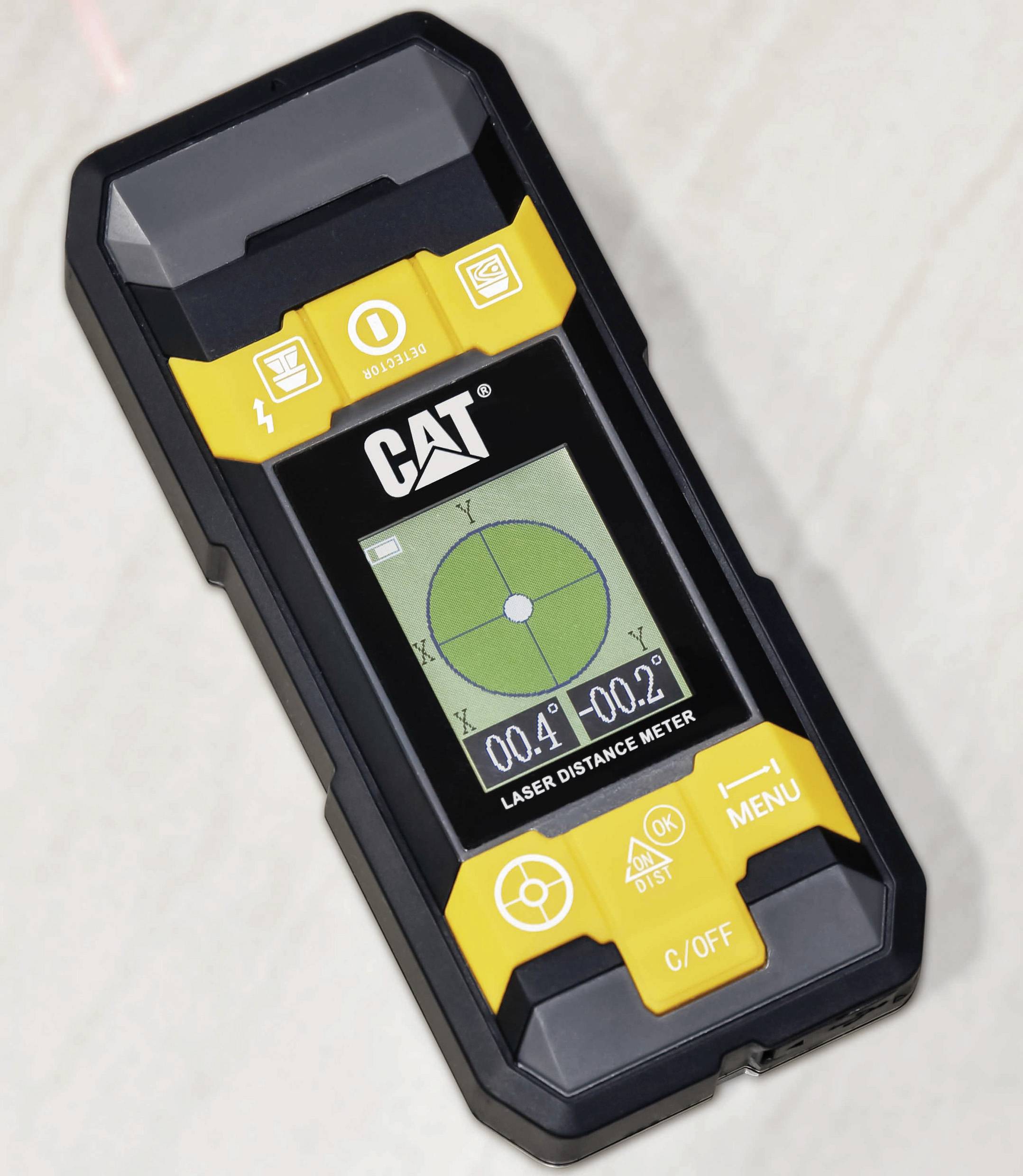 Electronic laser distance measuring device with display, showing distance measurement data.