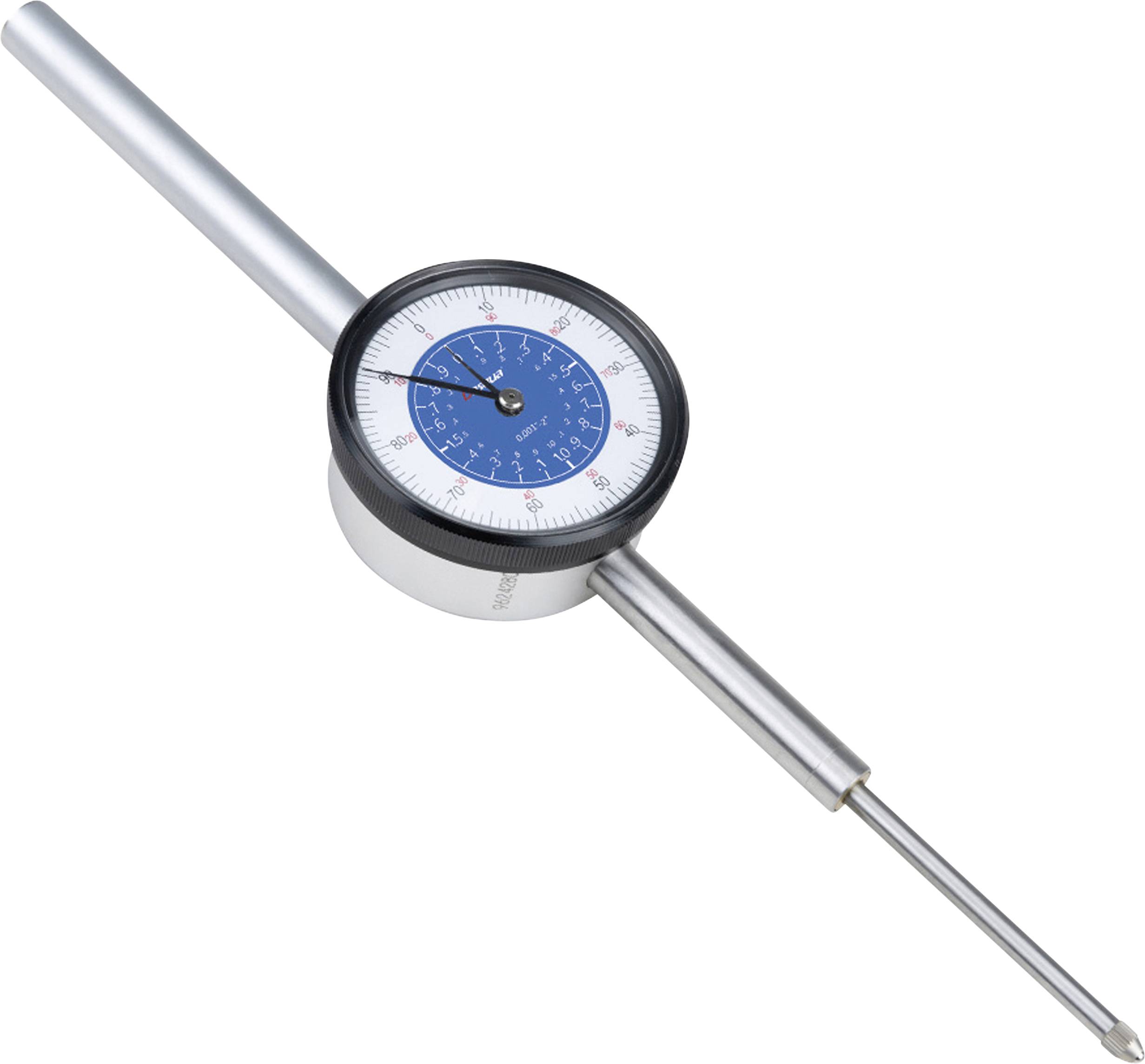 A dial gauge with a blue dial, mounted on a cylindrical shaft, is used for precise length measurement.