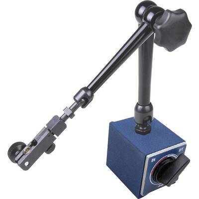 Magnetic stand with flexible arm, blue base and clamping screw for fixation; used for precise tool positioning.