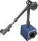 Magnetic stand with flexible arm, blue base and clamping screw for fixation; used for precise tool positioning.