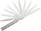 A feeler gauge set with several thin metal blades arranged fan-like. Used for measuring gap widths.