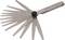 Feeler gauge with multiple metal blades, used for measuring gaps or clearances in mechanical applications.