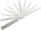 A feeler gauge set with several thin metal blades fanned out at different angles.