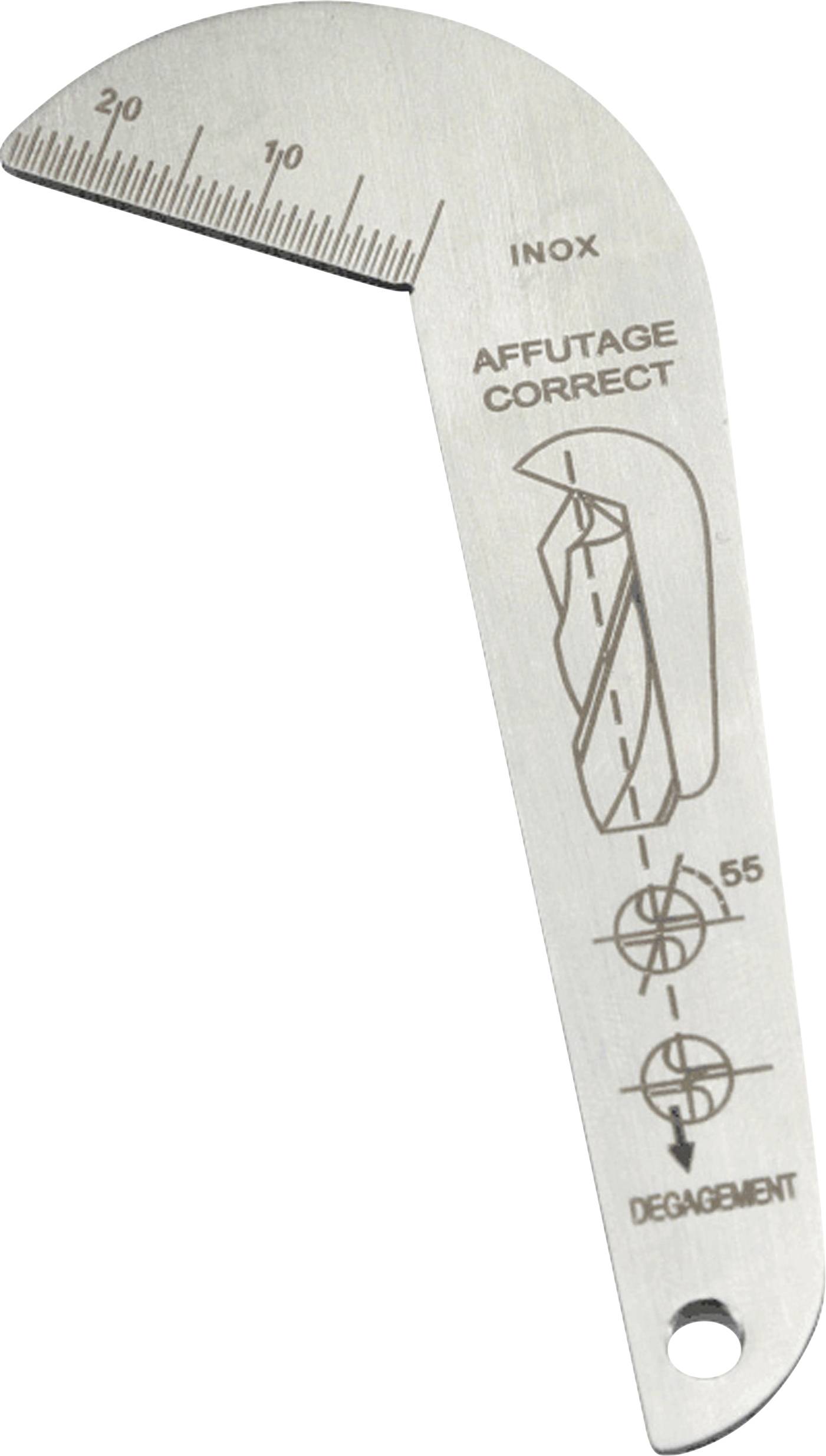 Pictured is a drill setting gauge with the inscription 'INOX', measurement scale and diagram for correct sharpening and clearance angle of 55 degrees.