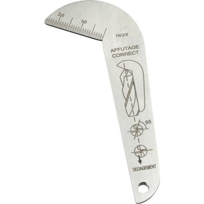 Pictured is a drill setting gauge with the inscription 'INOX', measurement scale and diagram for correct sharpening and clearance angle of 55 degrees.