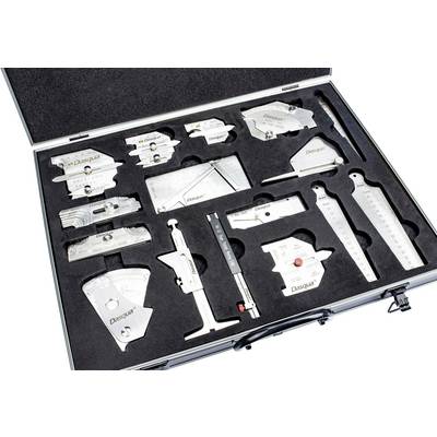 Metal case with various measuring tools, neatly arranged in custom-shaped recesses. Tools include rulers and vernier callipers.