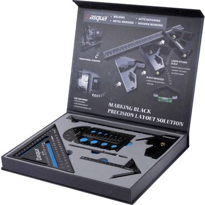 An opened package containing various precision tools for layout work. Includes rulers and angles in black with blue accents.