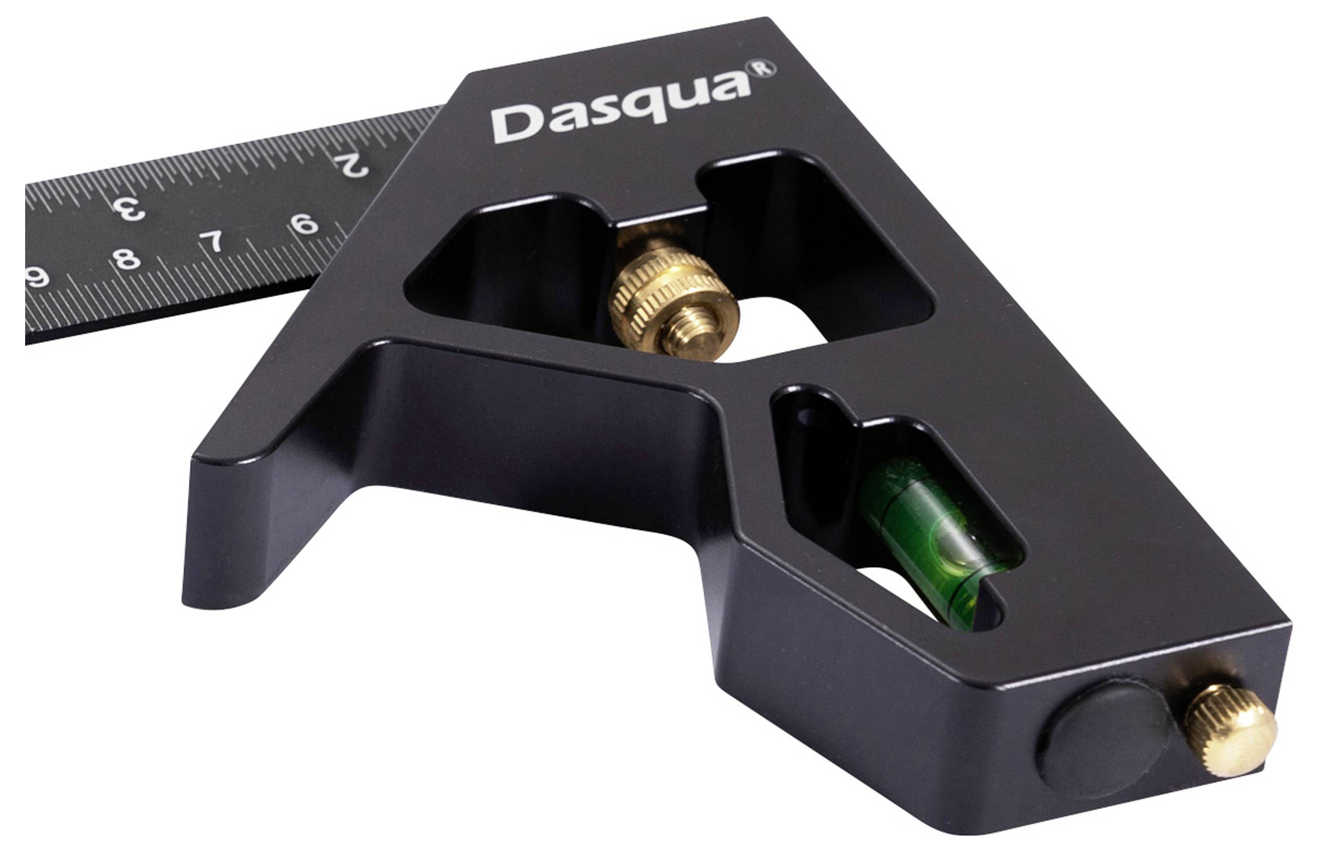 A black combination angle tool with an integrated ruler and spirit level. Used for precise measurement and alignment.
