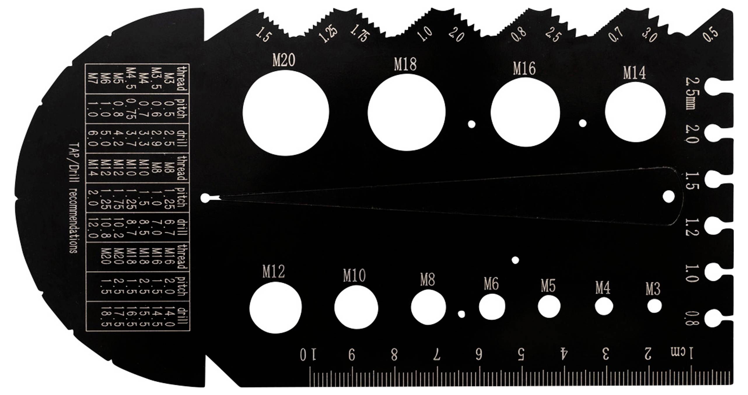 Black and grey tool with measurement holes and teeth for determining thread sizes from M20 to M3, along with a table of screw sizes.