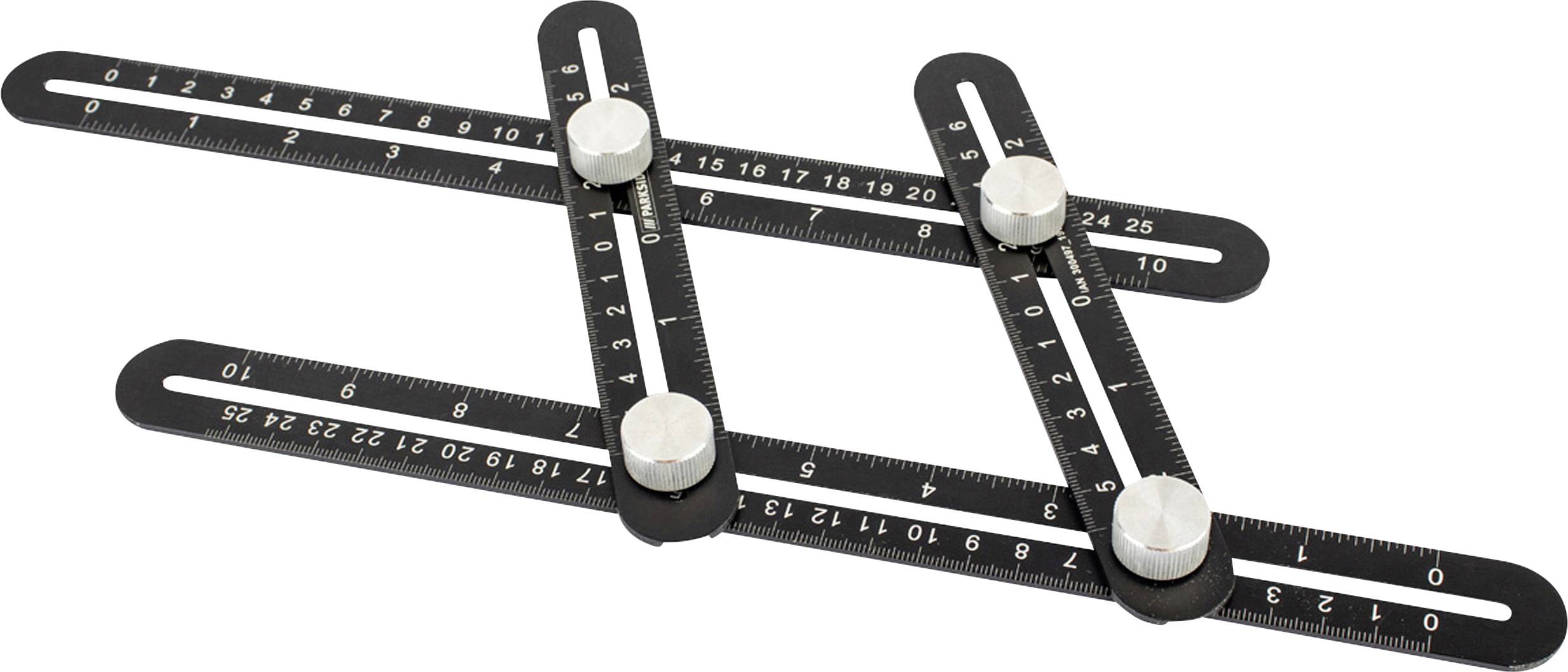 An adjustable angle measuring tool with multiple movable arms and scales for measuring and copying angles on various surfaces.