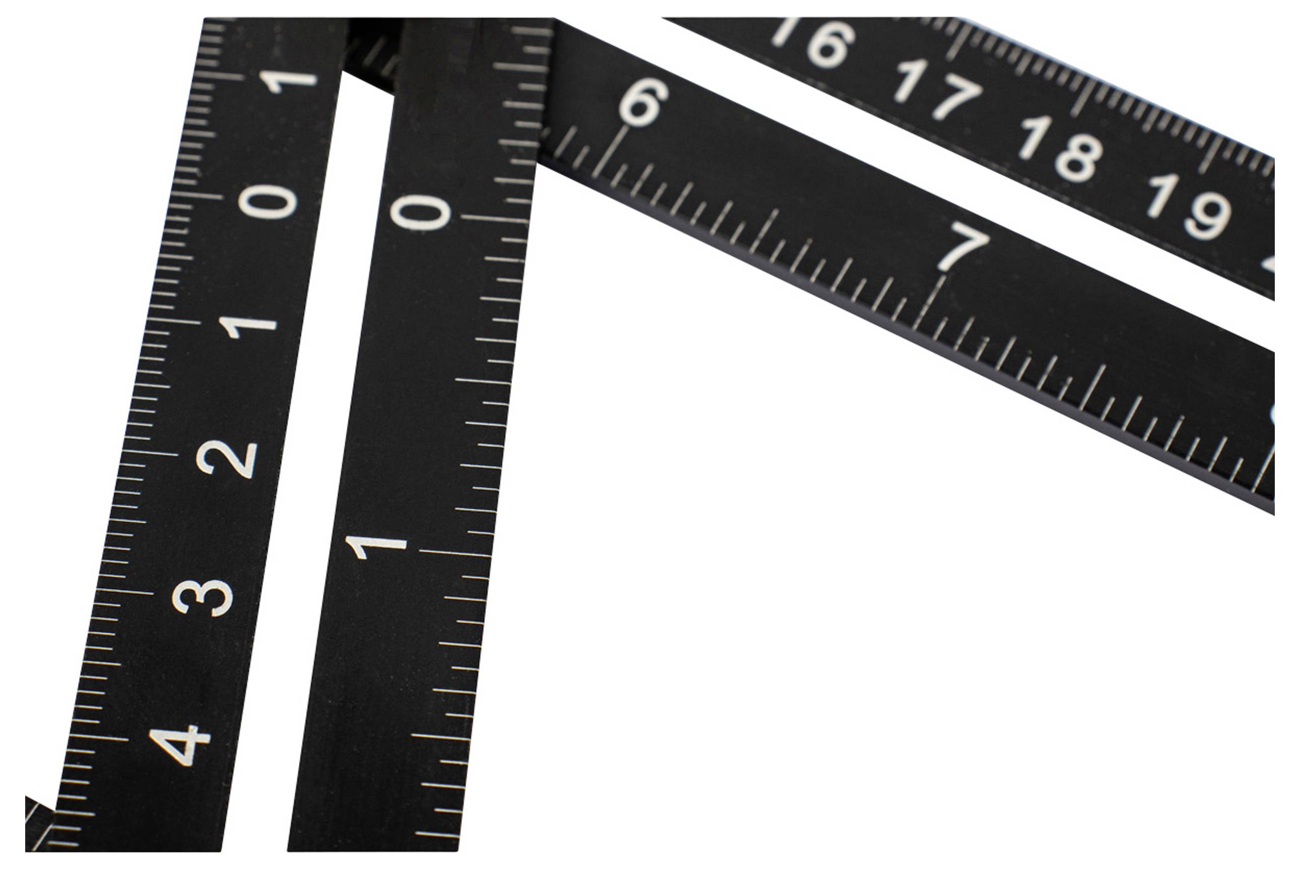 A black steel measuring tape with white markings and numbers at a right angle, showing precise measurements.