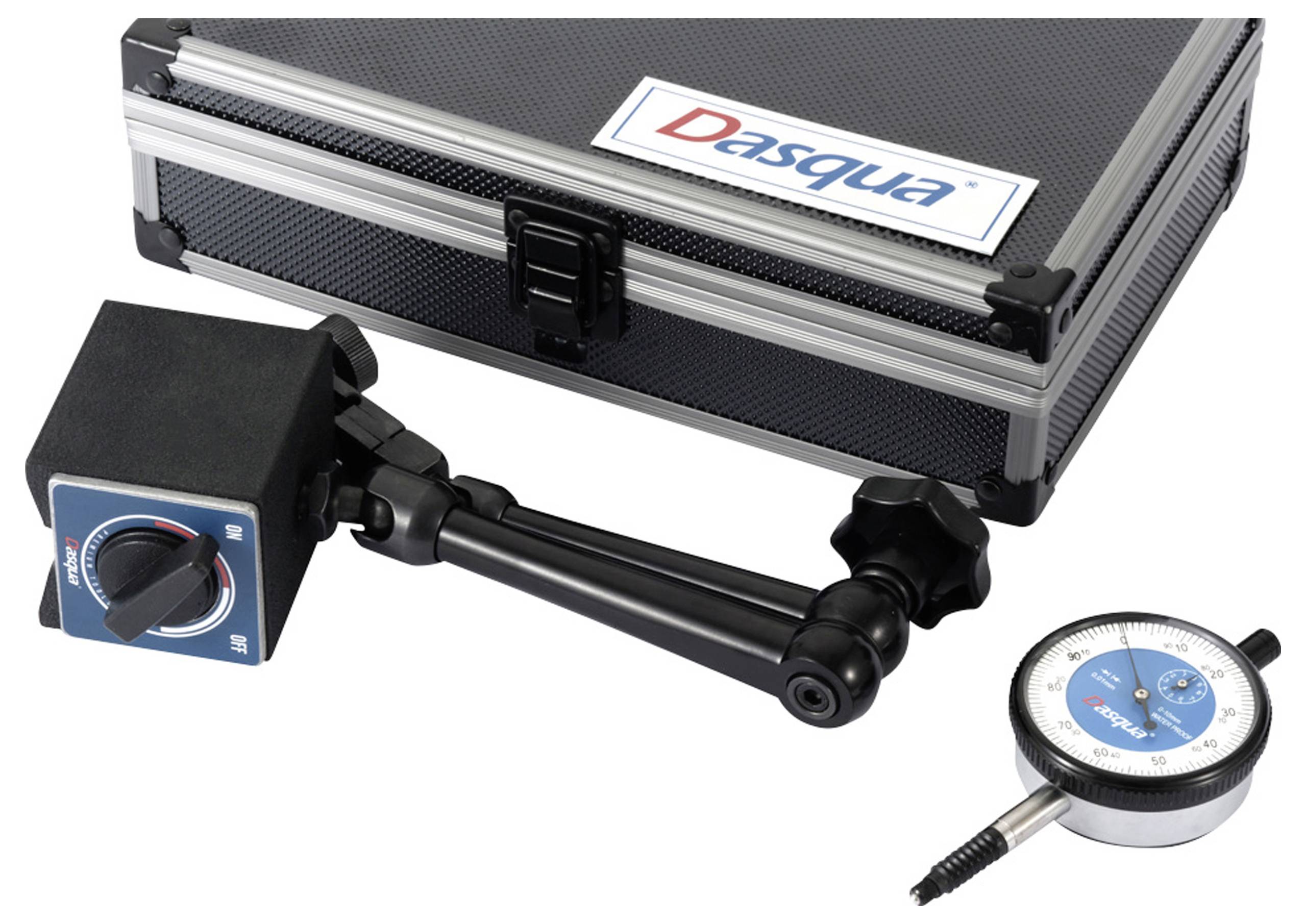 A dial gauge set with a blue housing, an adjustable mount, and a silver case labelled 'Dasqua'.