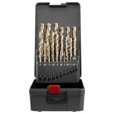 A black drill bit set with various sizes ranging from 1.5 to 10 mm, organized in a holder with a red latch, designed for drilling tasks.