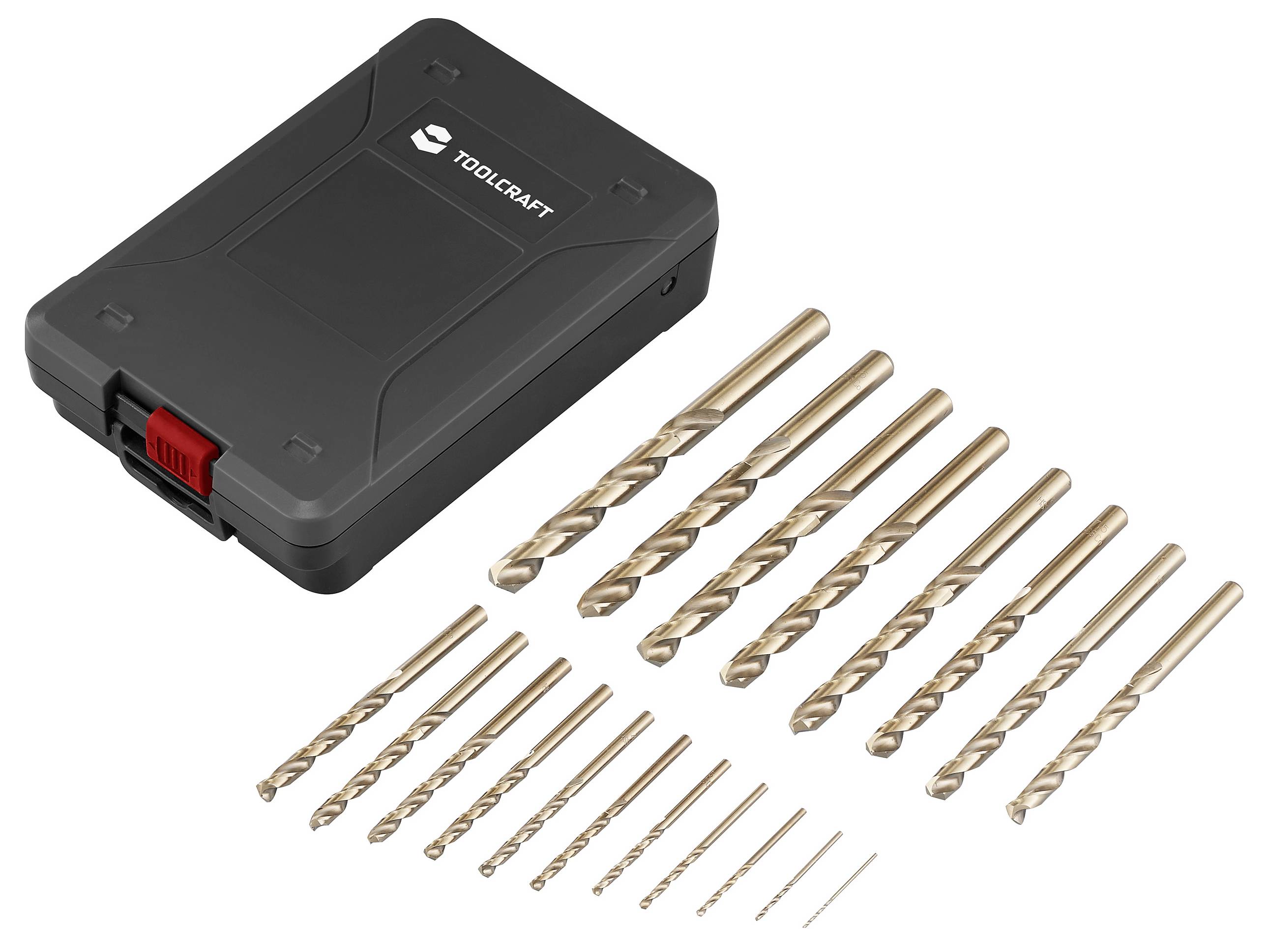 Set of 19 metal drill bits in various sizes, laid out in front of a black storage box by 'TOOLCRAFT'.