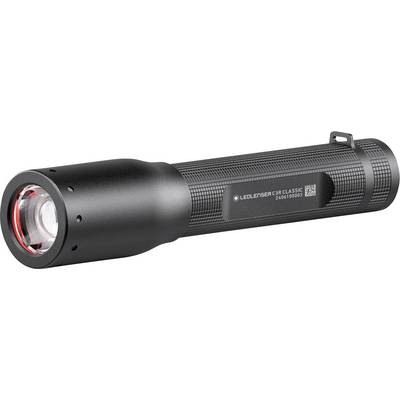 Black LED flashlight with textured grip and wide front lens, shown on a white background.