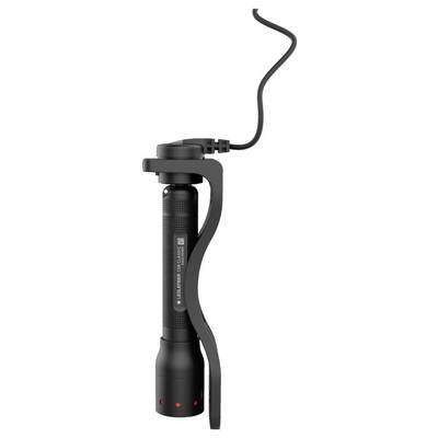 Black head torch with adjustable mechanism and cable, suitable for nighttime outdoor activities.