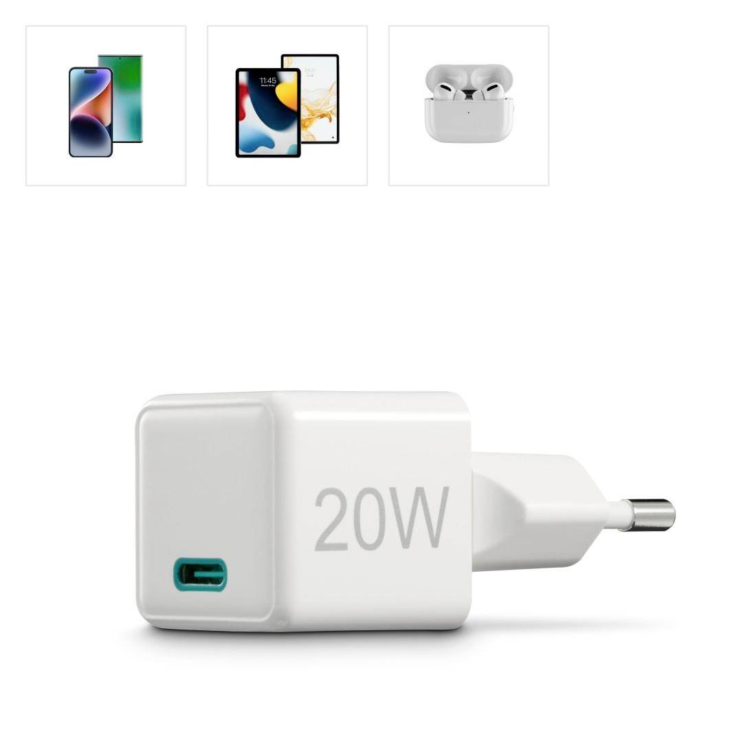 'White 20W fast charger, compatible with smartphones, tablets and wireless headphones.'
