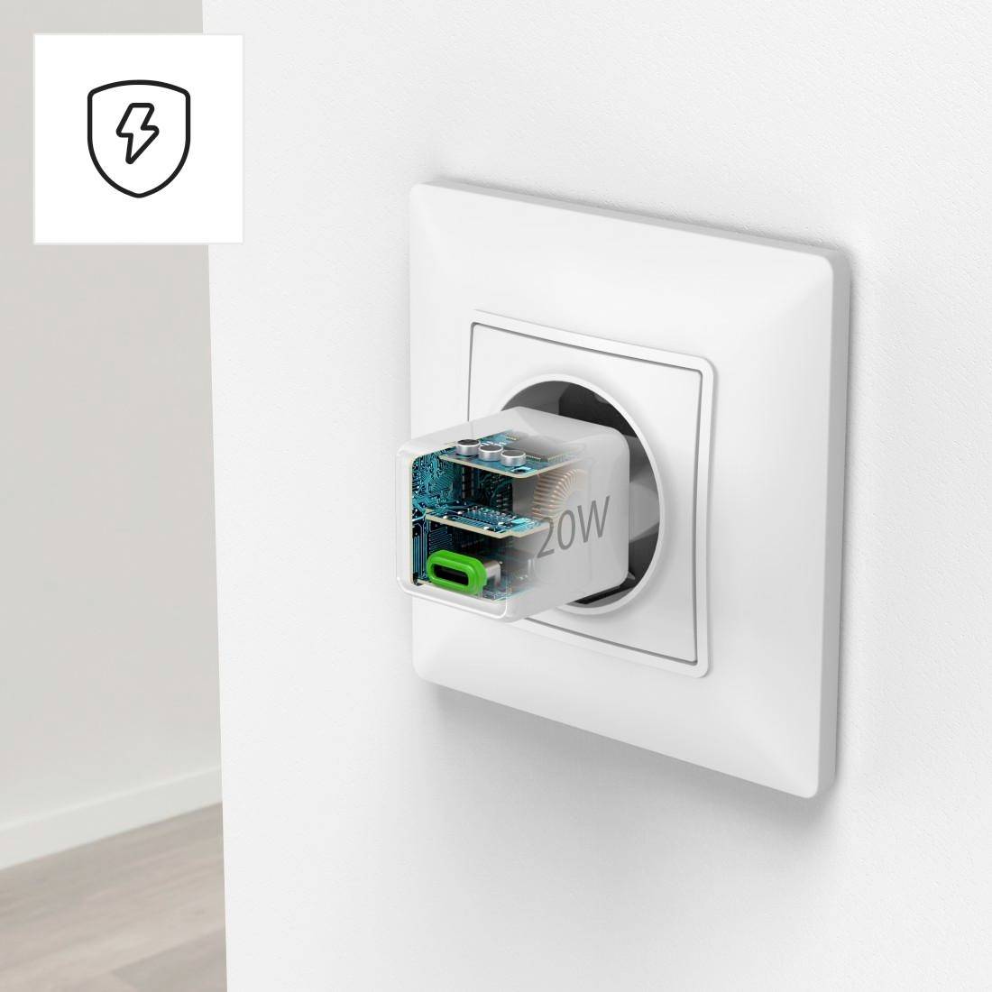 Power supply is plugged into a white wall socket. Top left, a symbol: Lightning bolt inside a protective shield.
