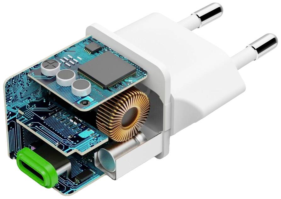 Cross-section of a USB charger reveals the internal electronic circuit, including the circuit boards and copper coil.