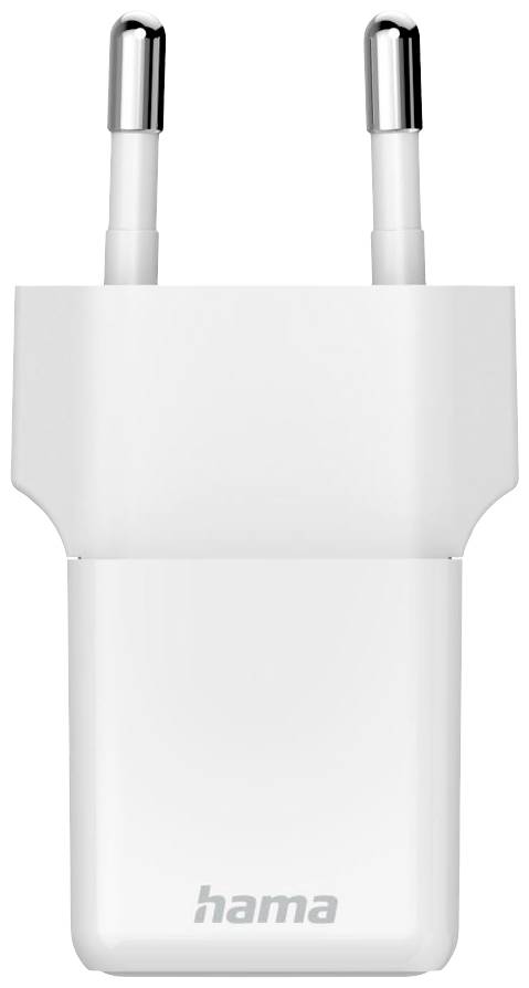 White USB charger with two plugs and the 'hama' brand logo underneath.