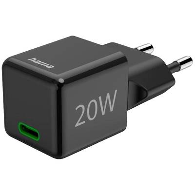 Black charger with EU plug and green USB-C socket, 20W power rating printed on the side.