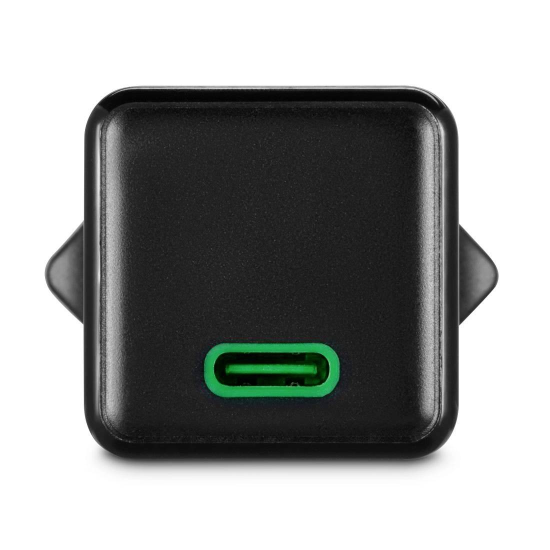 A black charger with a green-rimmed USB-C port shows its front face. Suitable for electronic devices.