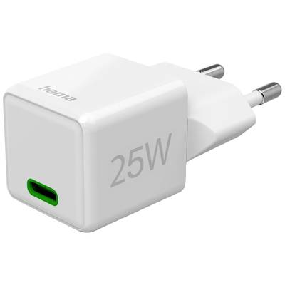 White USB-C charger with '25W' marking and European plug, suitable for fast charging of devices.
