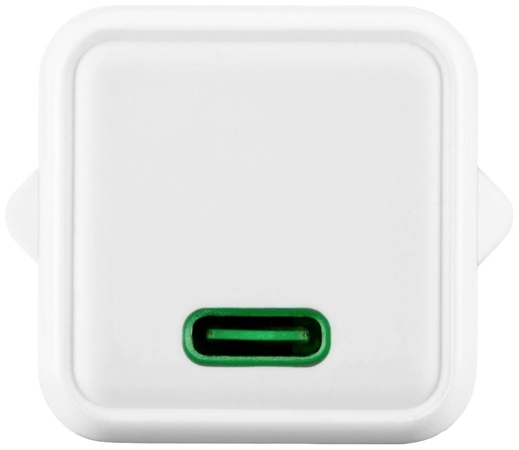White USB charging adapter with green USB-C port, square design.