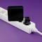 Power strip with two black chargers plugged in, set against a purple background.