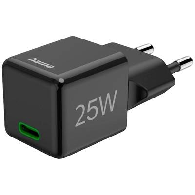 Black 25W USB charger with European plug and green USB-C port, suitable for fast charging compatible devices.