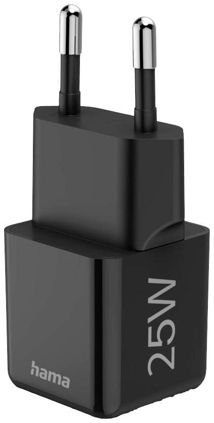 A black charger with the inscription '25W' and 'hama', suitable for European plug sockets.