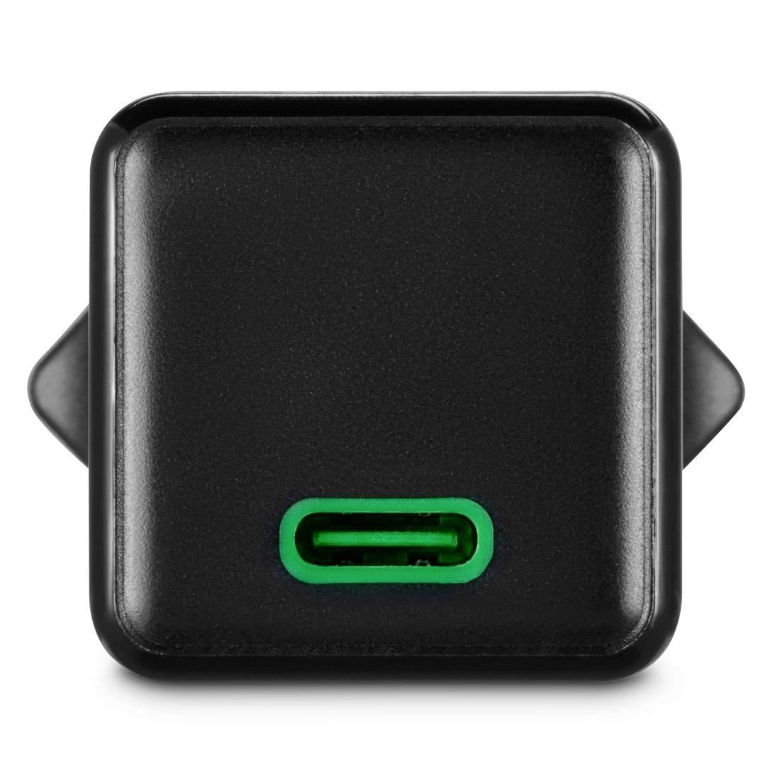 Black USB-C charger with green LED indicator, square shape, front view.