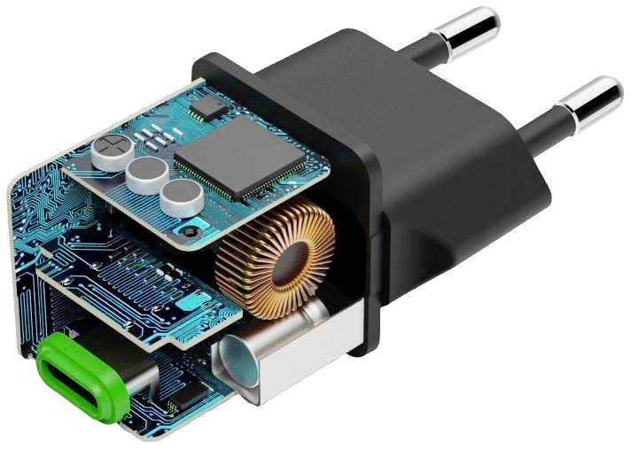 A detailed view of an open, multi-layered USB charger reveals electronic components such as circuit boards and plug contacts.