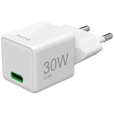 A white Hama USB-C charger with 30W GaN technology and European plug, suitable for fast charging electronic devices.