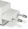 White USB plug-in power adapter with European two-pin plug, for charging devices.